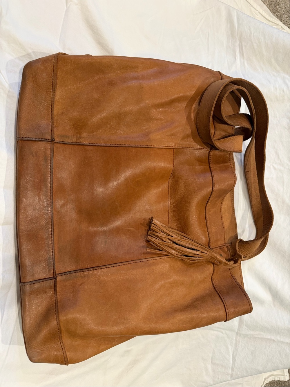 Classic Tan Leather Diaper Bag with Tassel